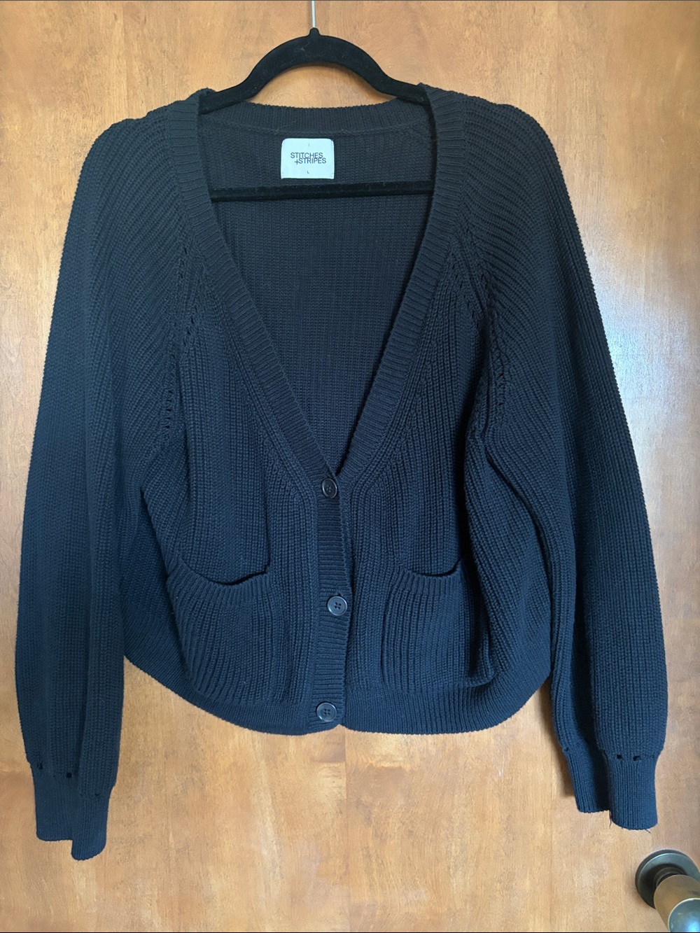 Stitches Black Ribbed V-Neck Button Cardigan